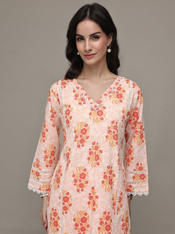 Libas Orange Floral Printed Cotton Straight Kurta Set