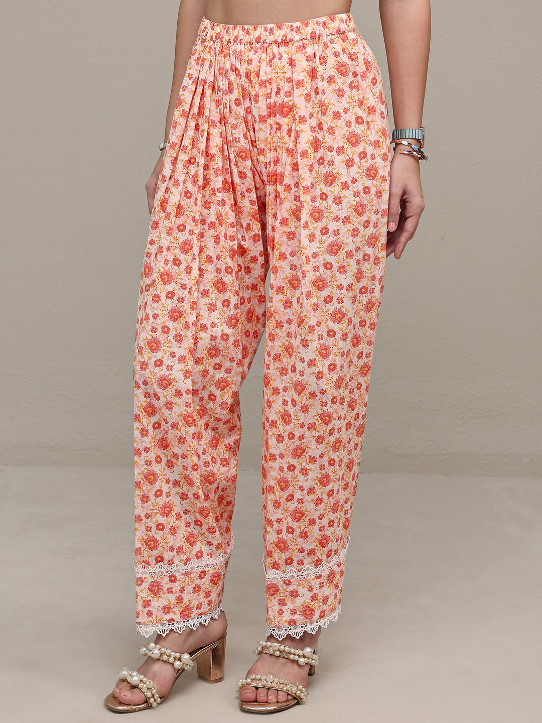 Libas Orange Floral Printed Cotton Straight Kurta Set
