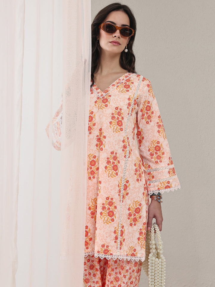 Libas Orange Floral Printed Cotton Straight Kurta Set