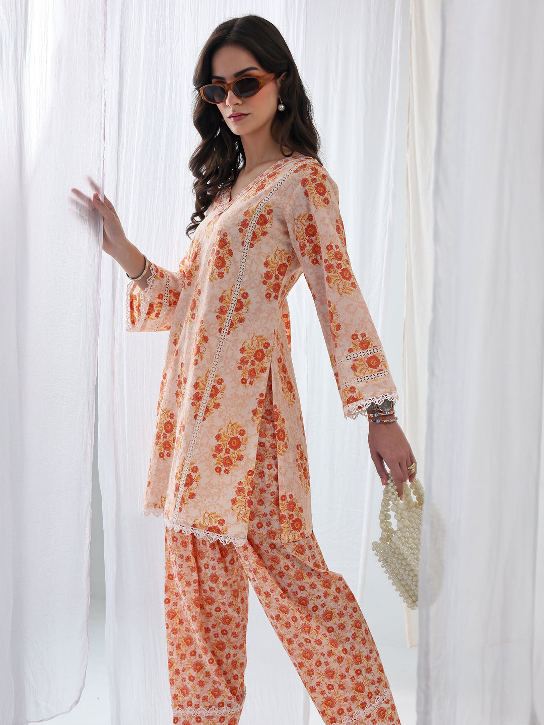 Libas Orange Floral Printed Cotton Straight Kurta Set