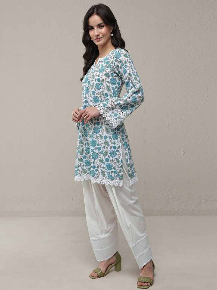 Blue Floral Printed Cotton Straight Kurta Set