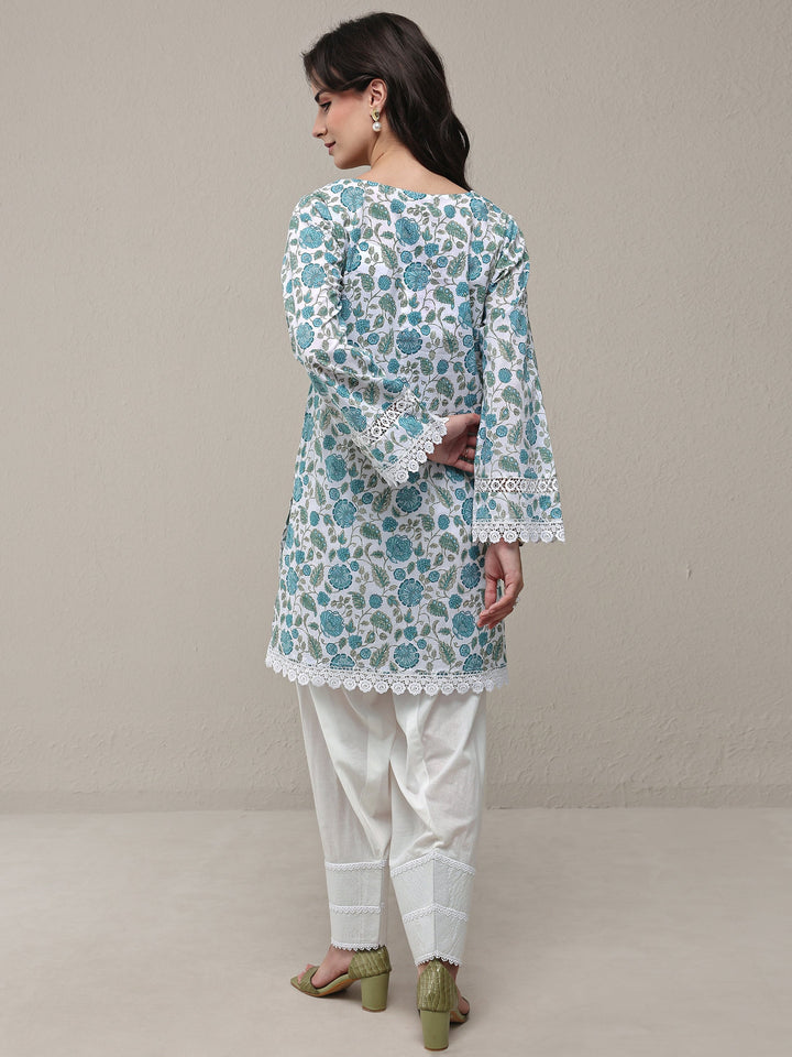 Blue Floral Printed Cotton Straight Kurta Set