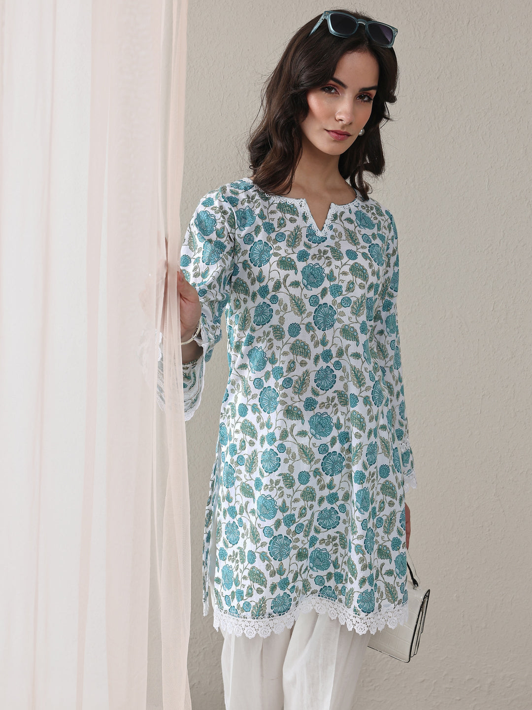 Blue Floral Printed Cotton Straight Kurta Set