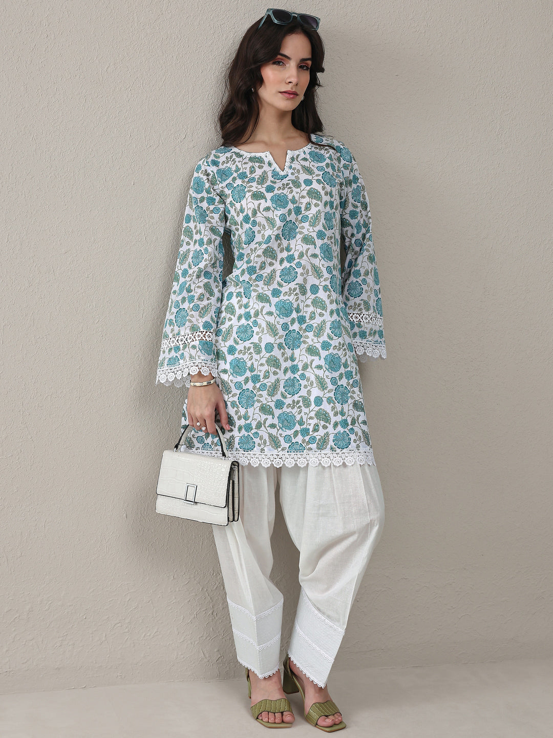 Blue Floral Printed Cotton Straight Kurta Set