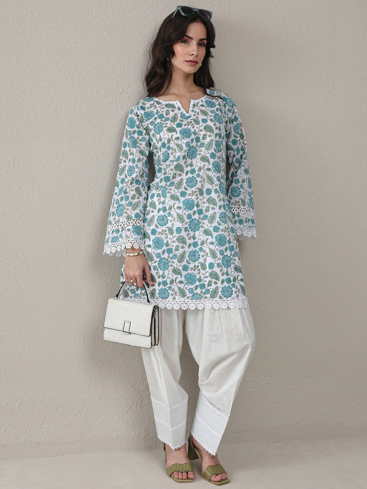Blue Floral Printed Cotton Straight Kurta Set