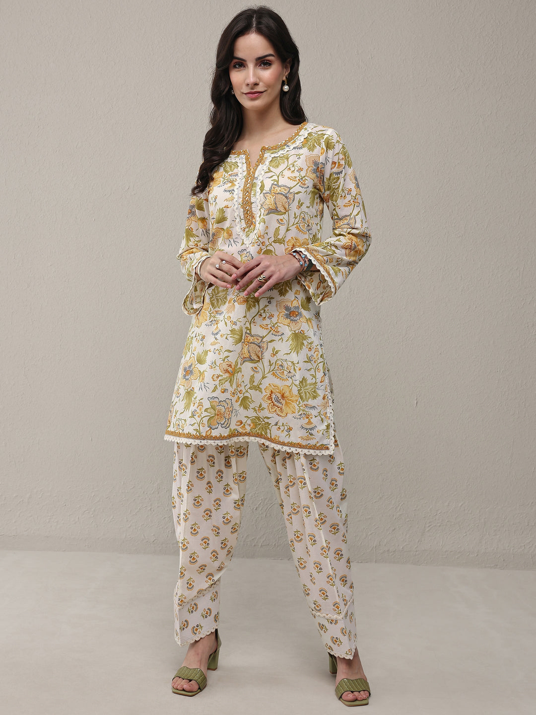 White Floral Printed Cotton Straight Kurta Set