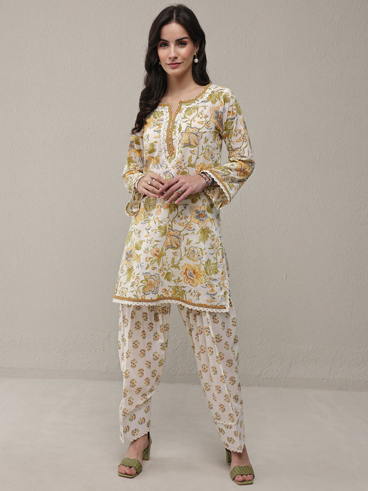 White Floral Printed Cotton Straight Kurta Set