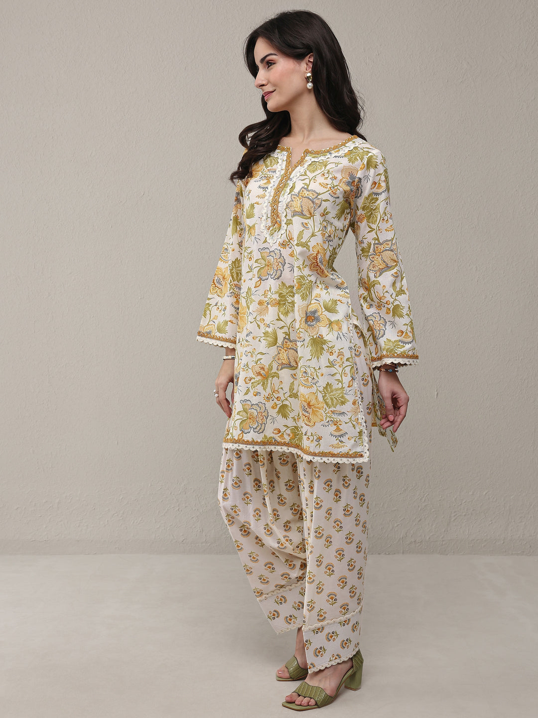 White Floral Printed Cotton Straight Kurta Set