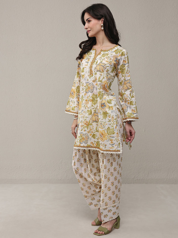 White Floral Printed Cotton Straight Kurta Set