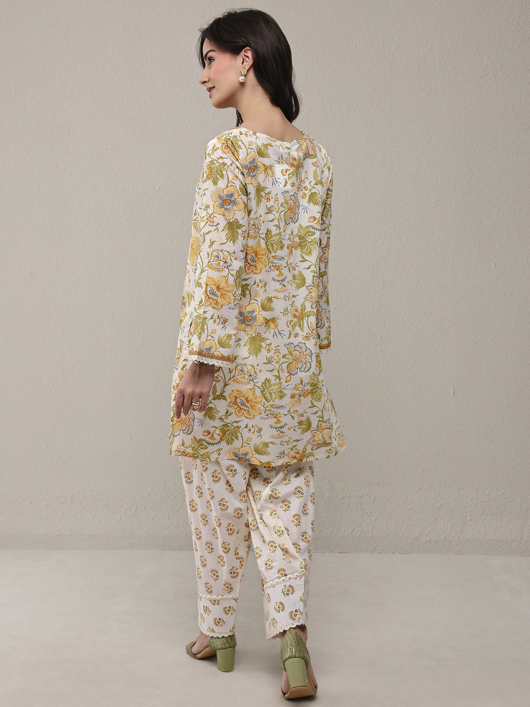 White Floral Printed Cotton Straight Kurta Set