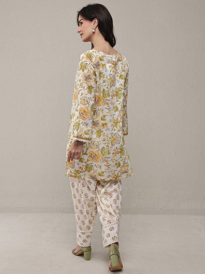 White Floral Printed Cotton Straight Kurta Set