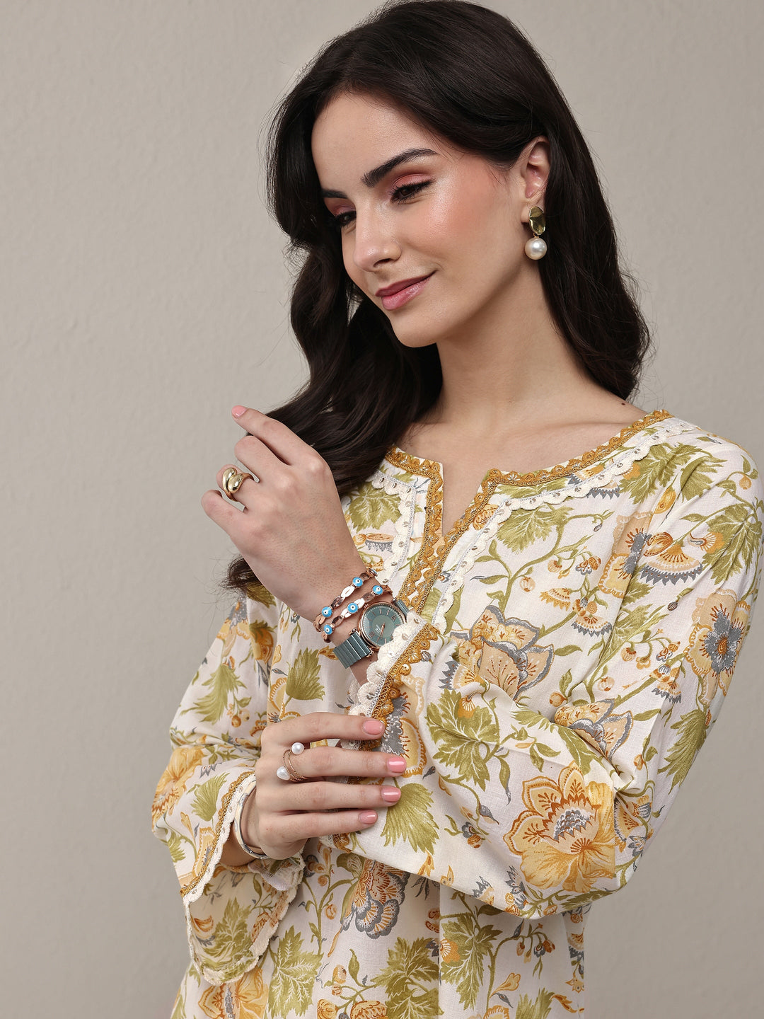 White Floral Printed Cotton Straight Kurta Set