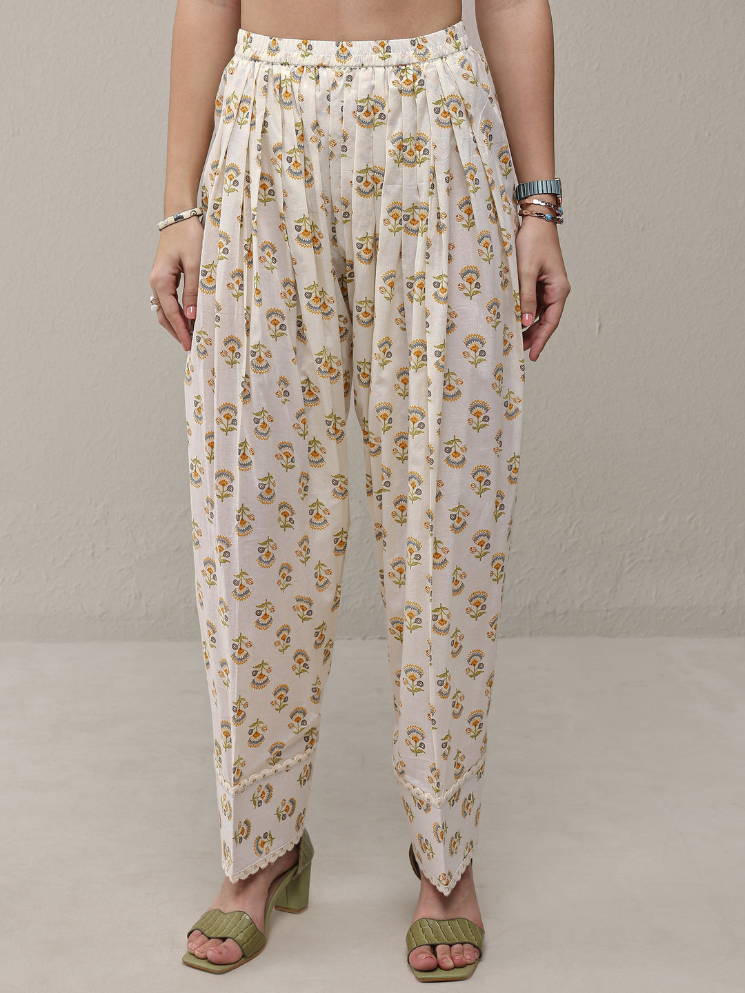 White Floral Printed Cotton Straight Kurta Set