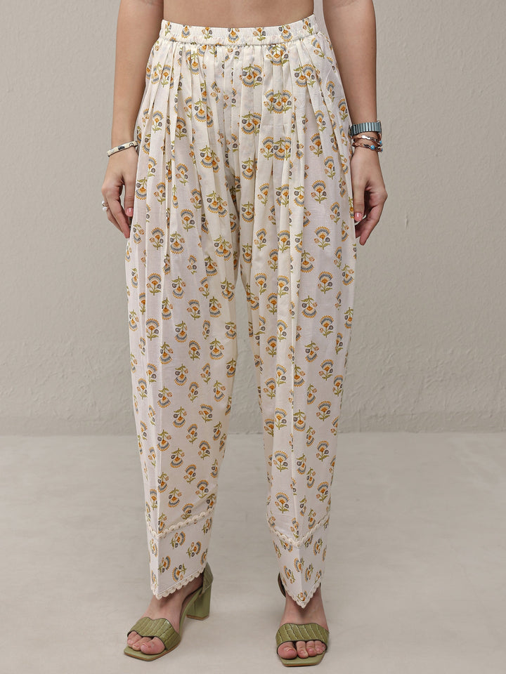 White Floral Printed Cotton Straight Kurta Set