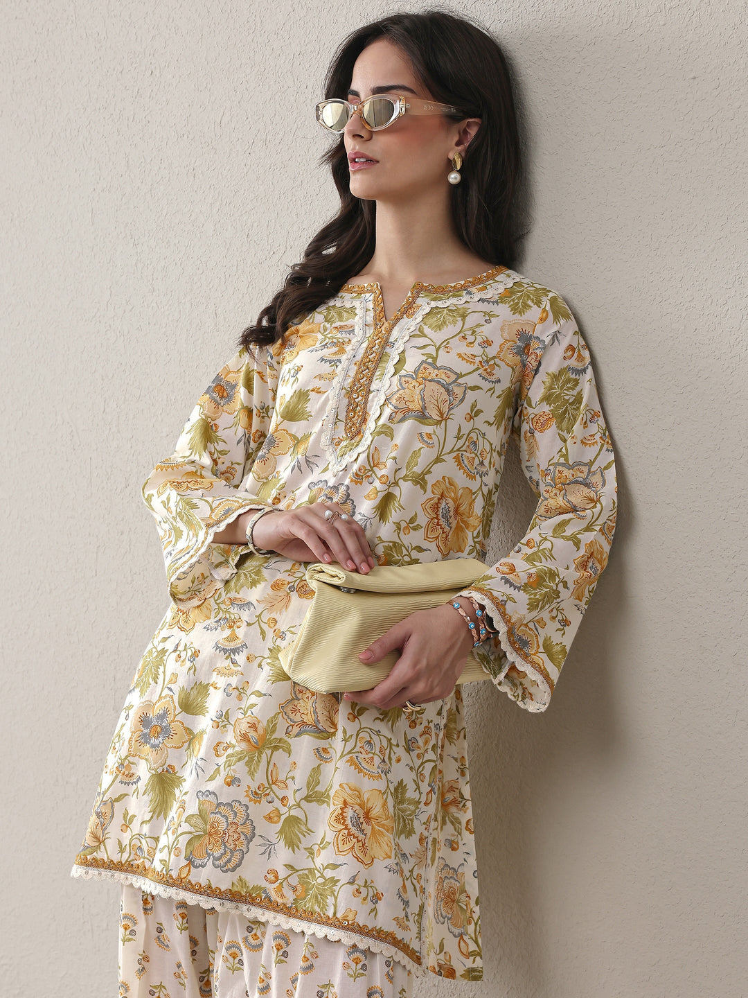 White Floral Printed Cotton Straight Kurta Set