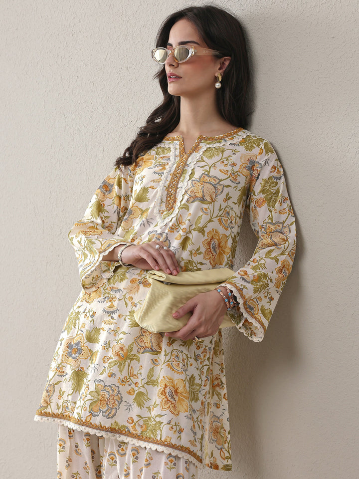 White Floral Printed Cotton Straight Kurta Set