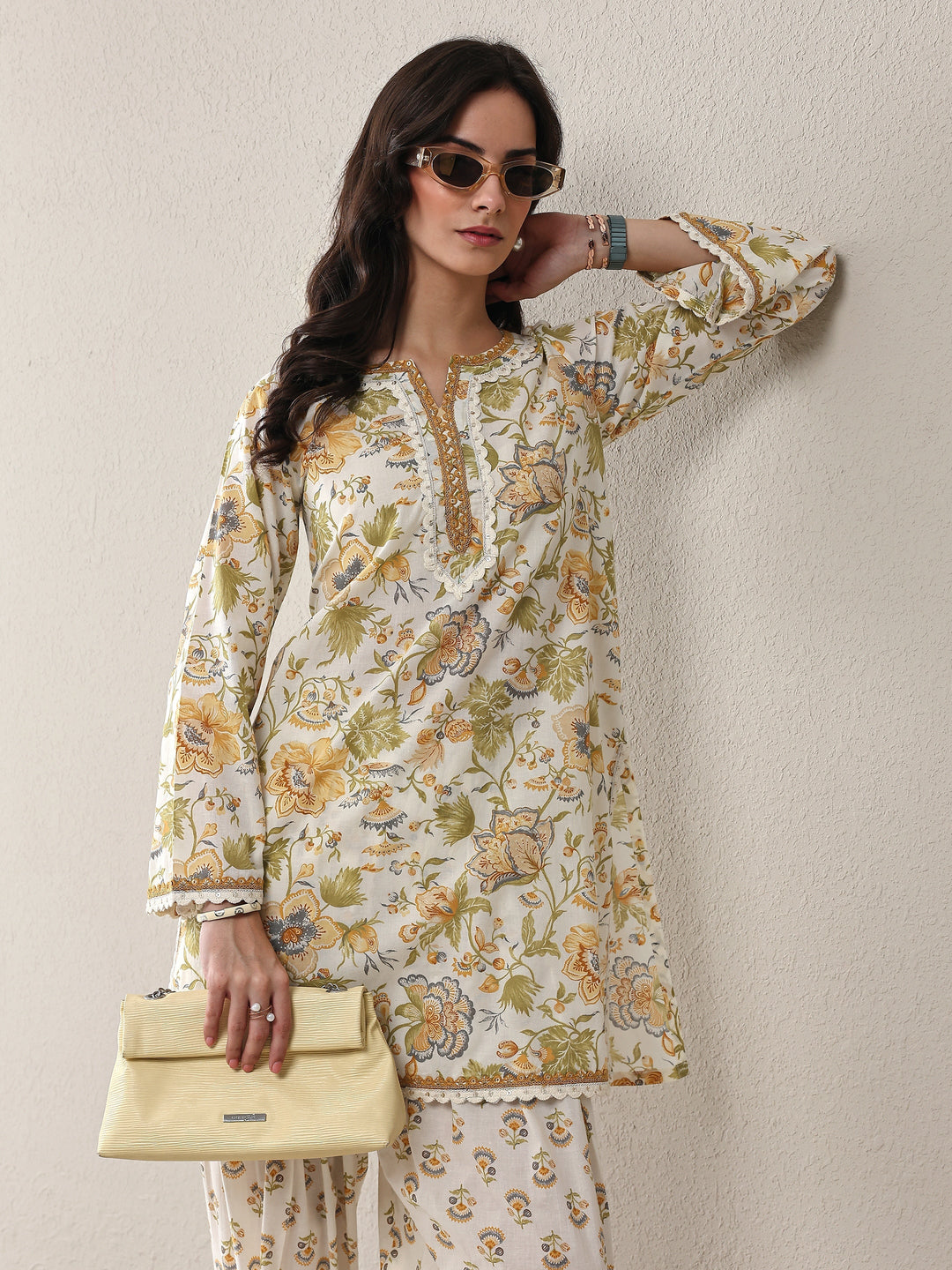 White Floral Printed Cotton Straight Kurta Set