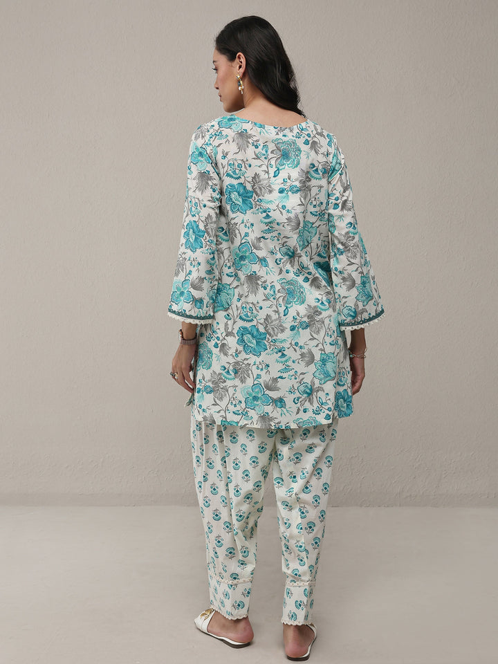 Blue Floral Printed Cotton Straight Kurta Set