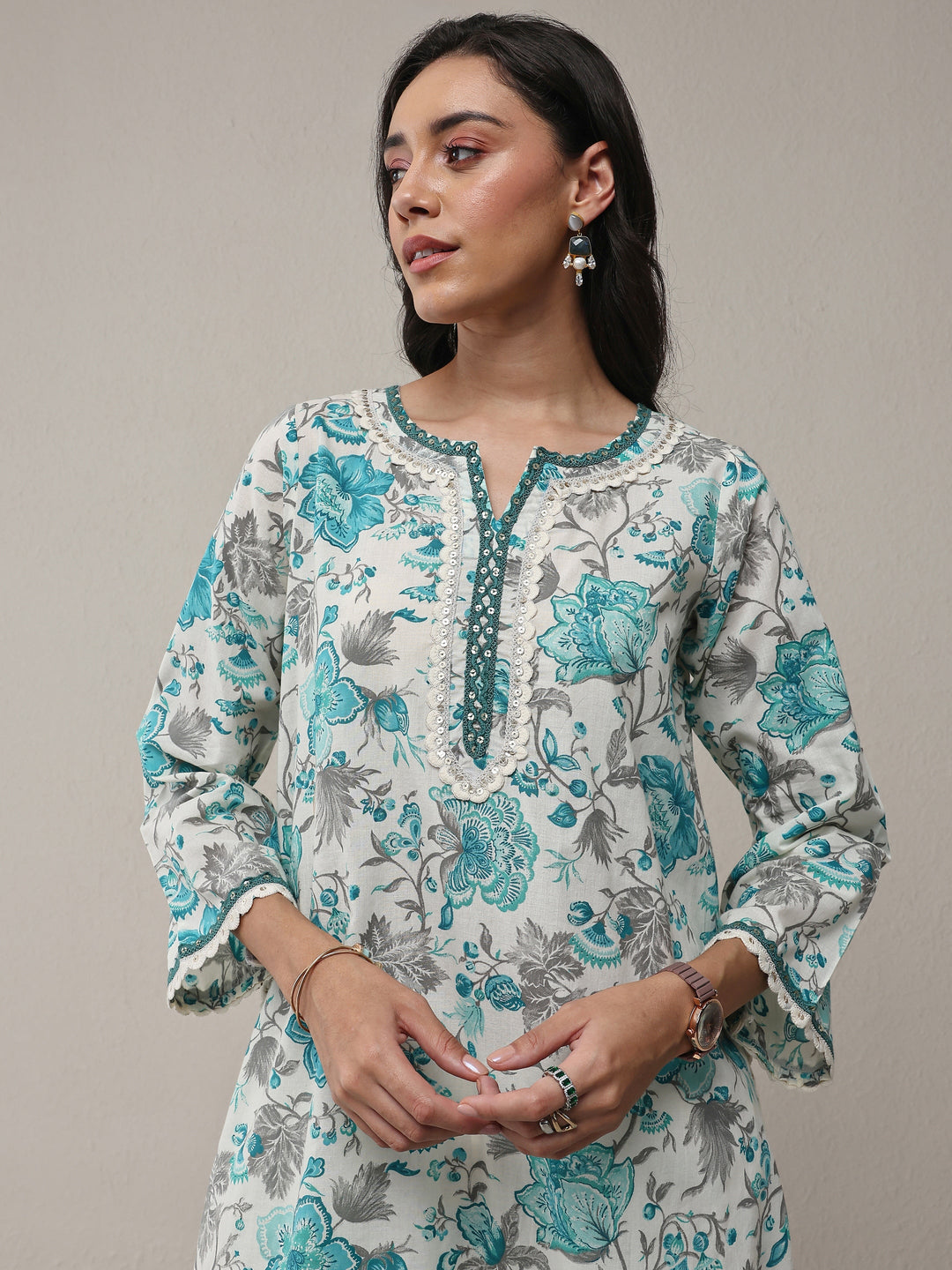 Blue Floral Printed Cotton Straight Kurta Set