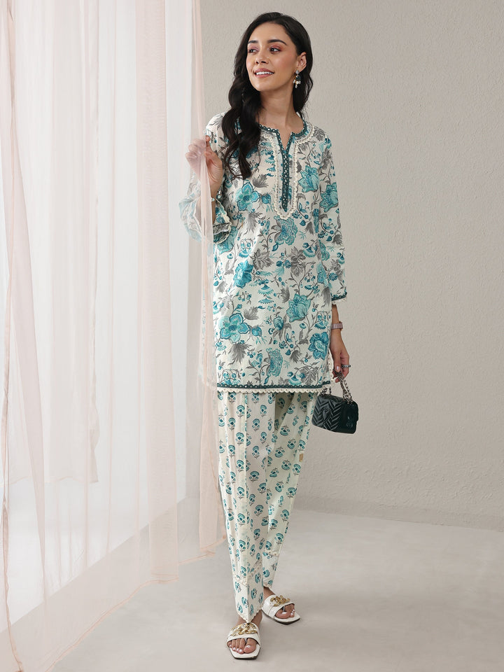 Blue Floral Printed Cotton Straight Kurta Set
