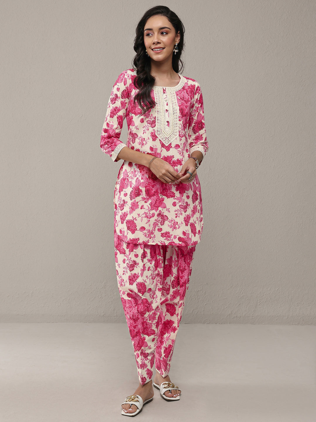 Libas Pink Floral Printed Cotton Straight Kurta Set
