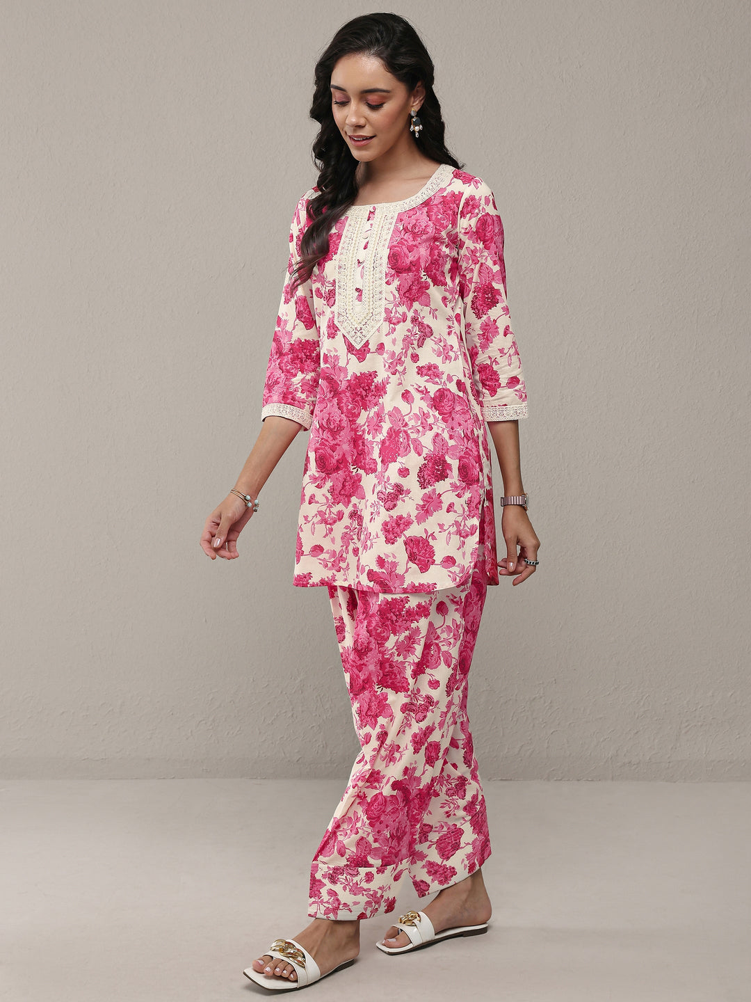 Libas Pink Floral Printed Cotton Straight Kurta Set