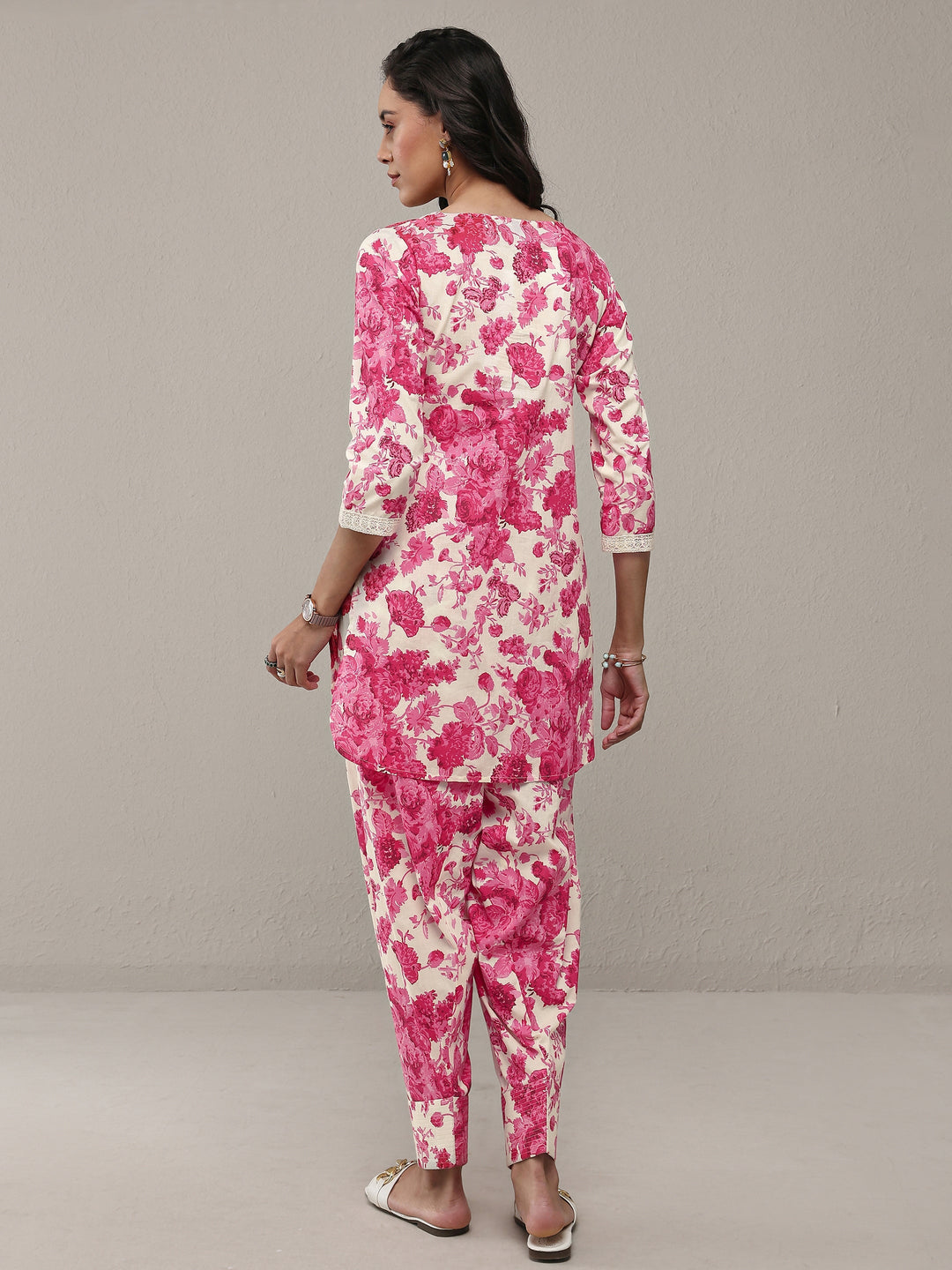 Libas Pink Floral Printed Cotton Straight Kurta Set