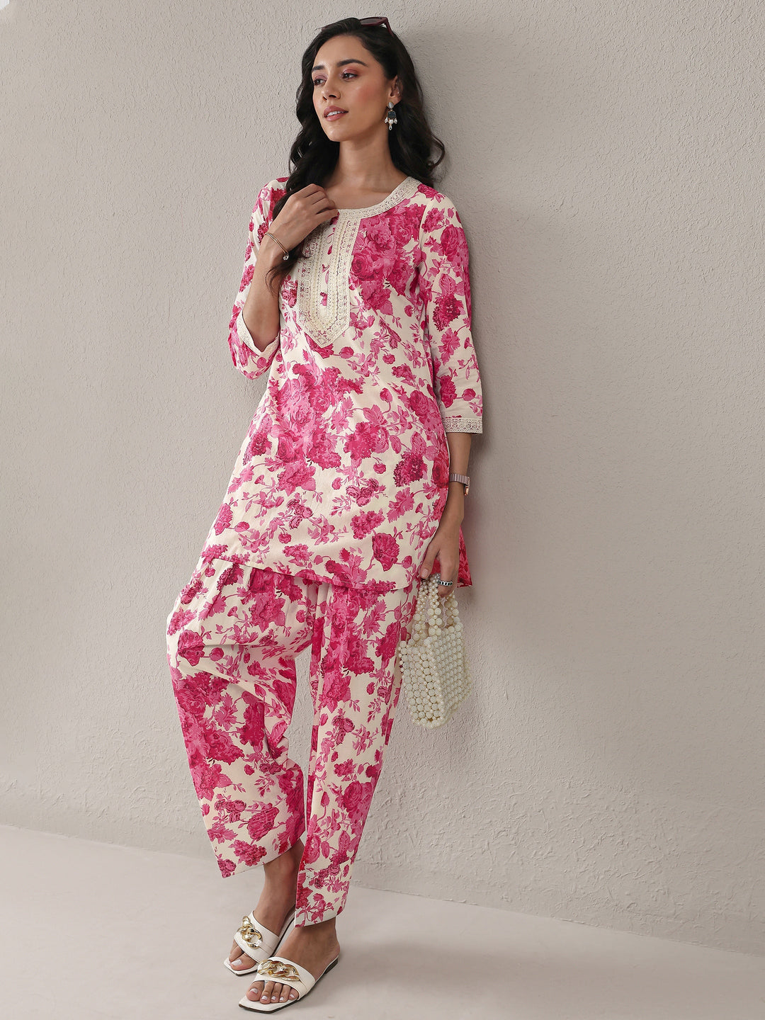 Libas Pink Floral Printed Cotton Straight Kurta Set