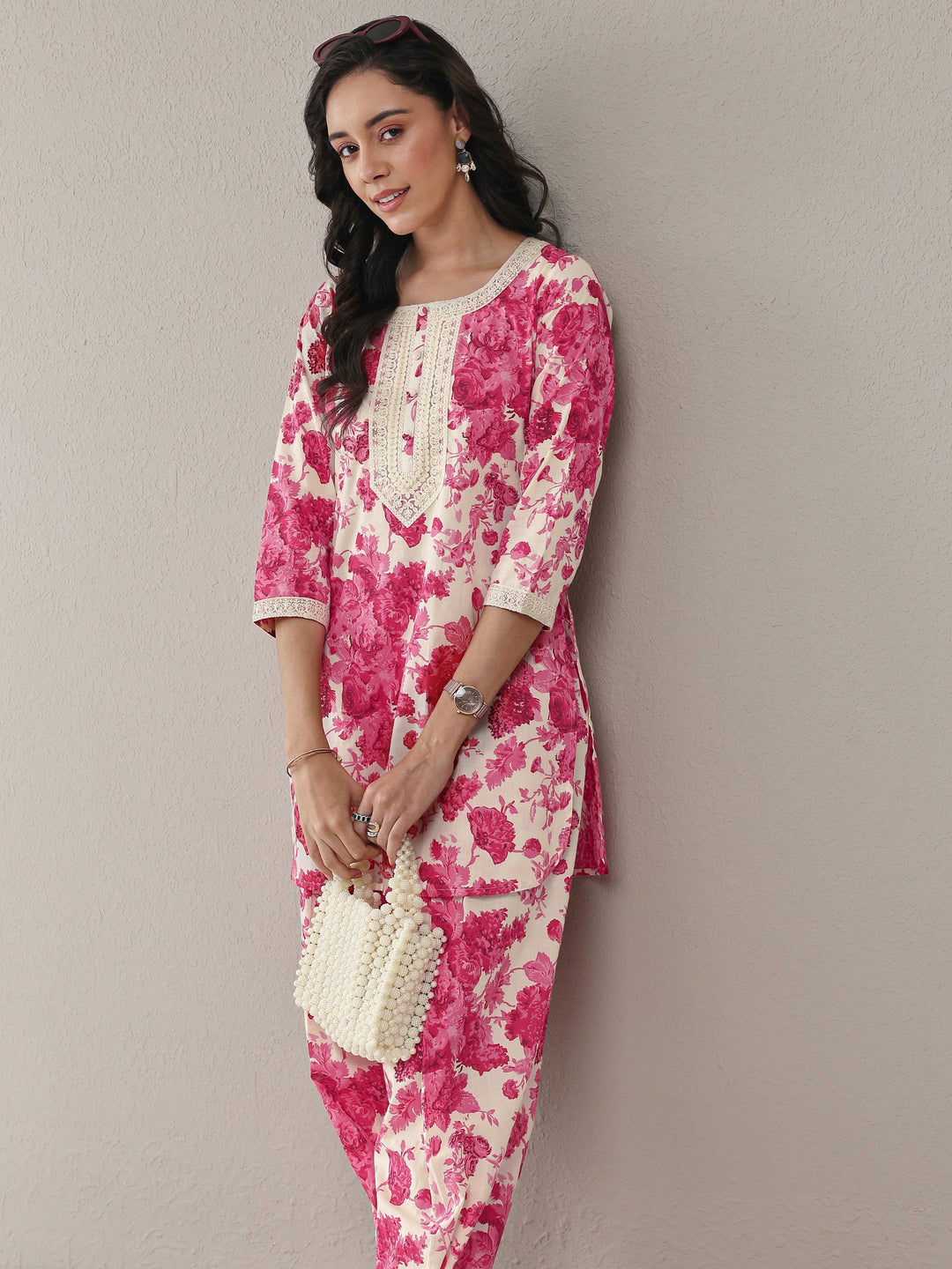 Libas Pink Floral Printed Cotton Straight Kurta Set