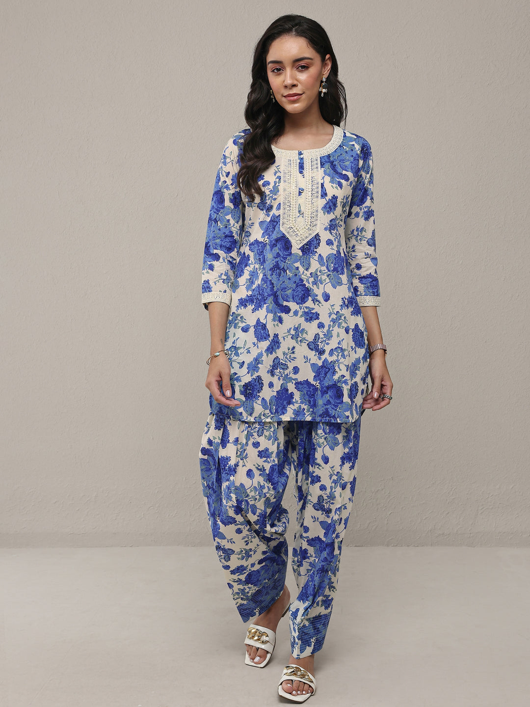 Libas Blue Floral Printed Cotton Straight Kurta Set