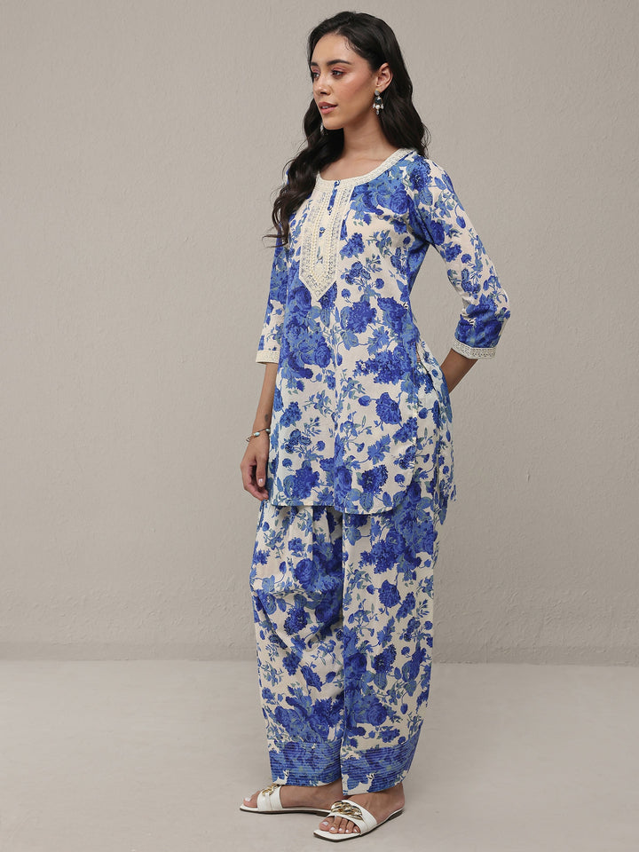Libas Blue Floral Printed Cotton Straight Kurta Set