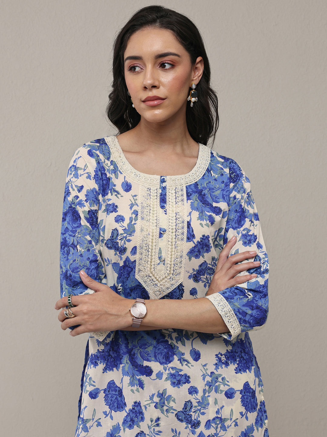 Libas Blue Floral Printed Cotton Straight Kurta Set