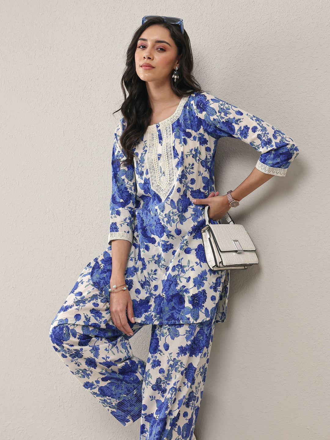 Libas Blue Floral Printed Cotton Straight Kurta Set