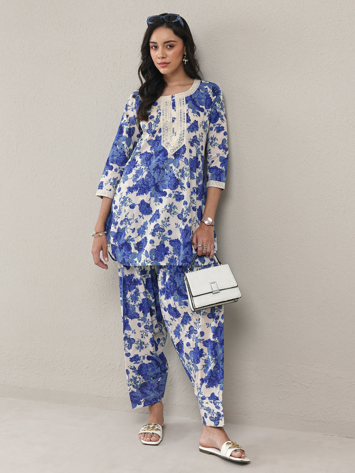 Libas Blue Floral Printed Cotton Straight Kurta Set