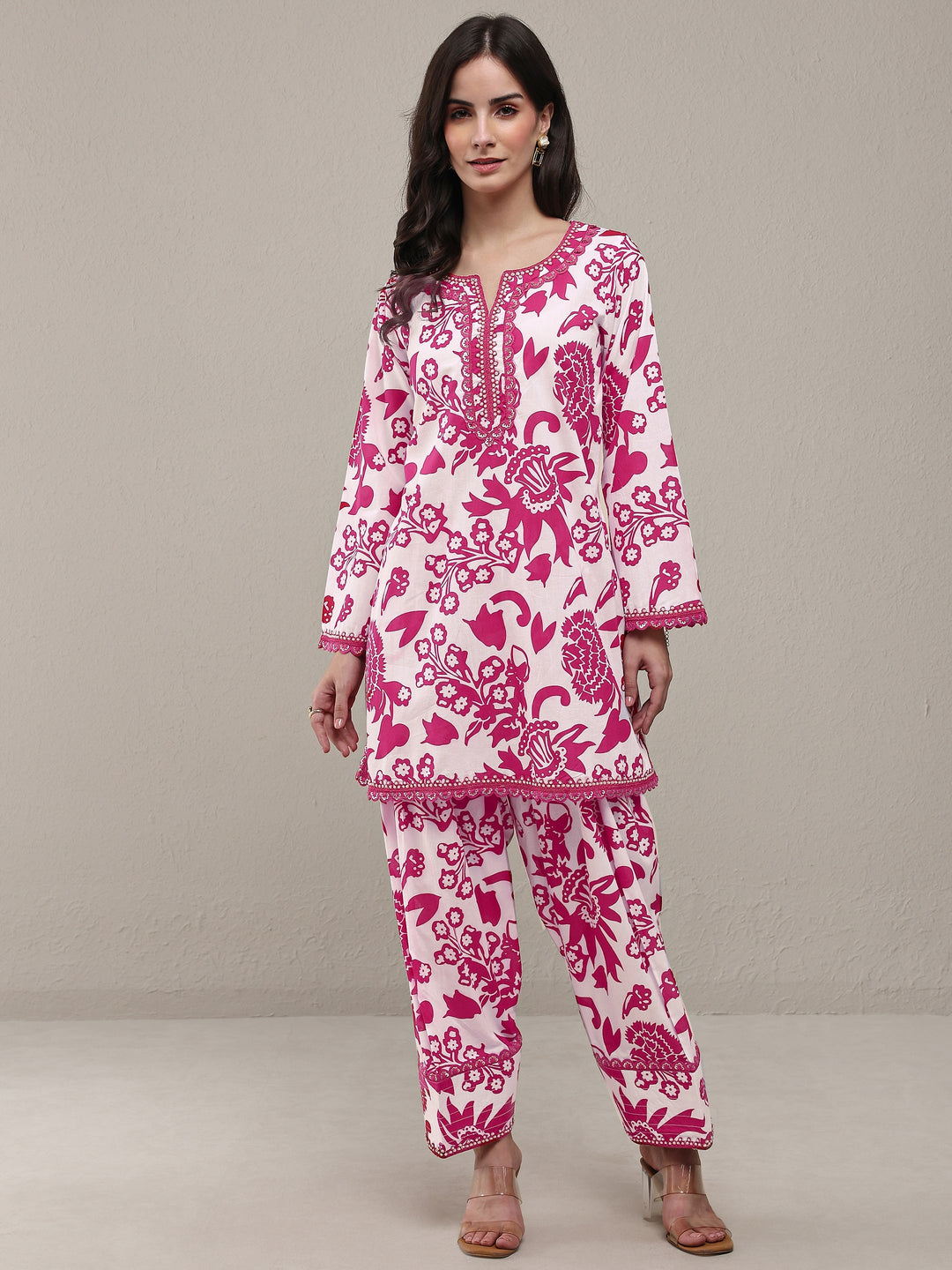 Libas Pink Floral Printed Cotton Straight Kurta Set