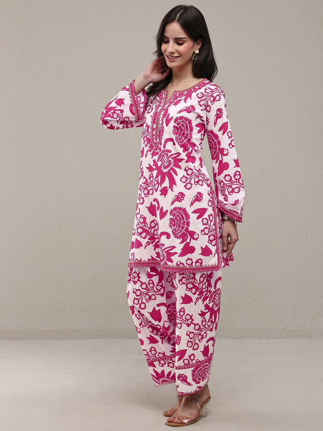 Libas Pink Floral Printed Cotton Straight Kurta Set