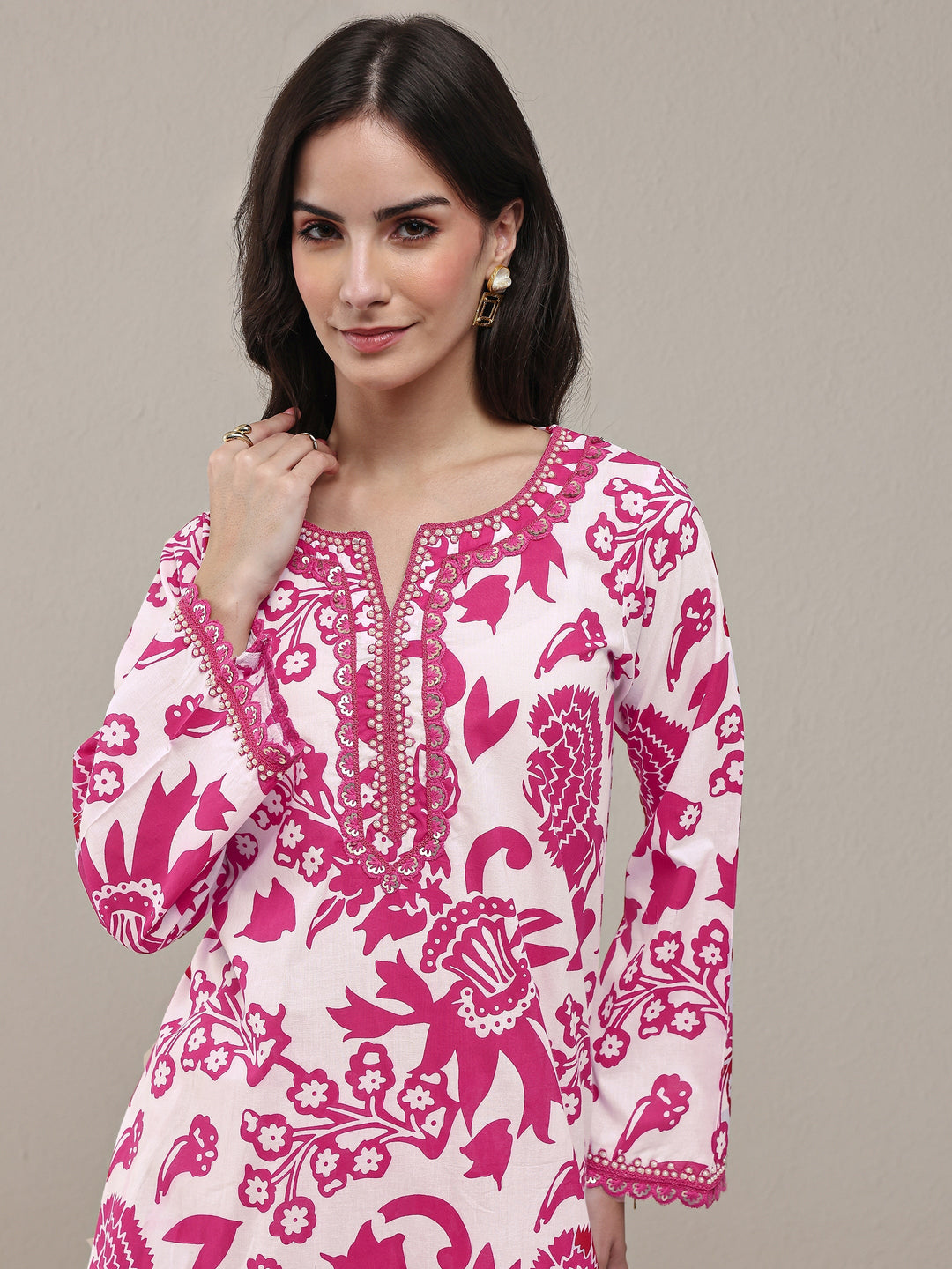 Libas Pink Floral Printed Cotton Straight Kurta Set