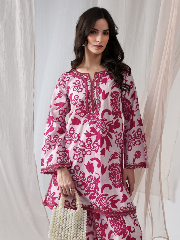 Libas Pink Floral Printed Cotton Straight Kurta Set