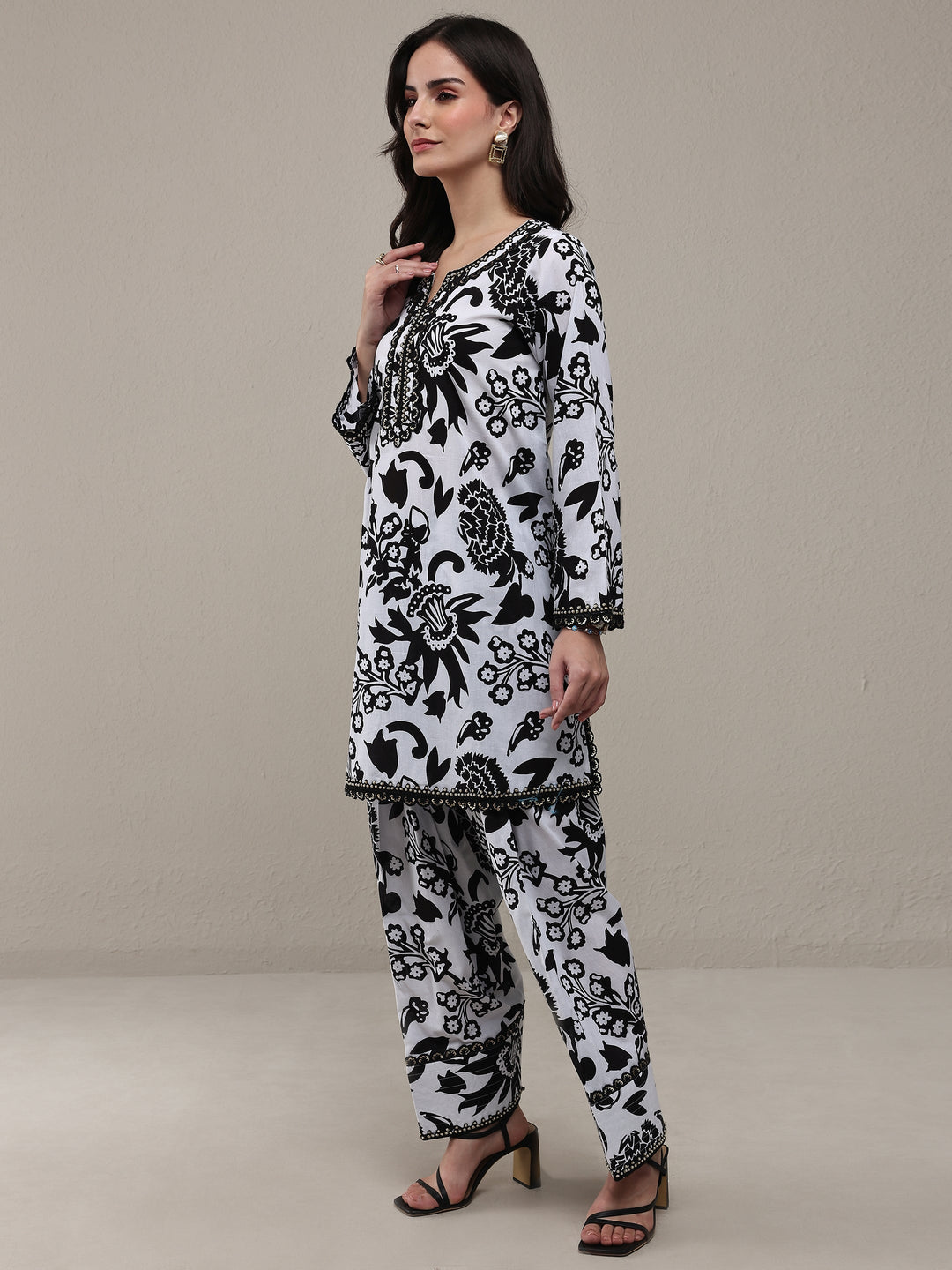 Black Floral Printed Cotton Straight Kurta Set