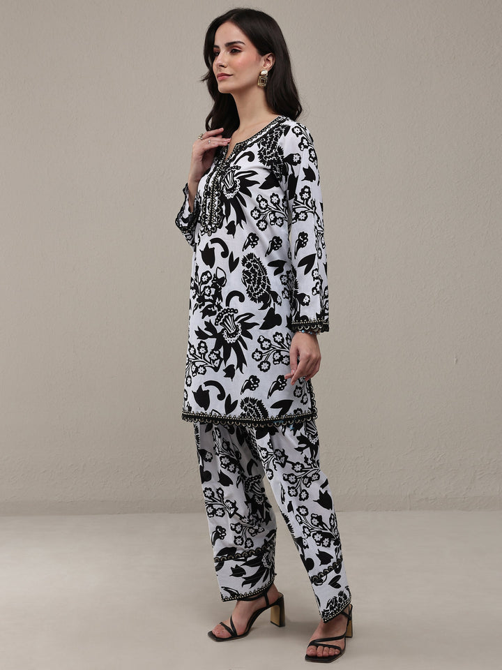 Black Floral Printed Cotton Straight Kurta Set