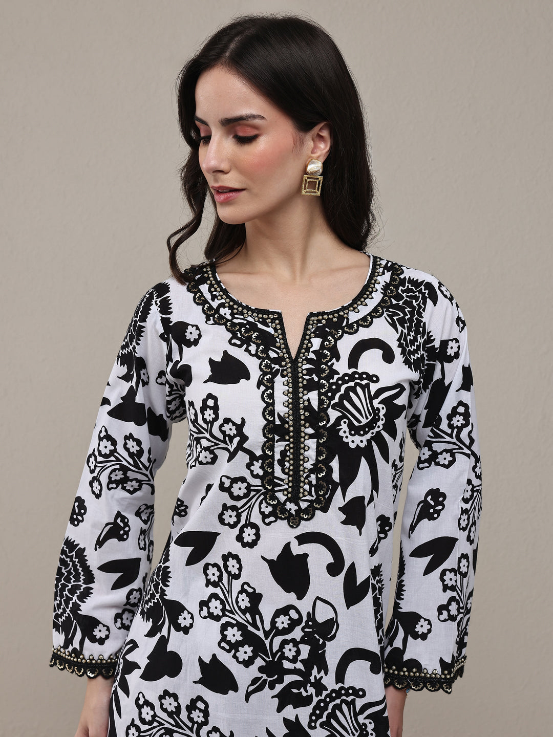 Black Floral Printed Cotton Straight Kurta Set