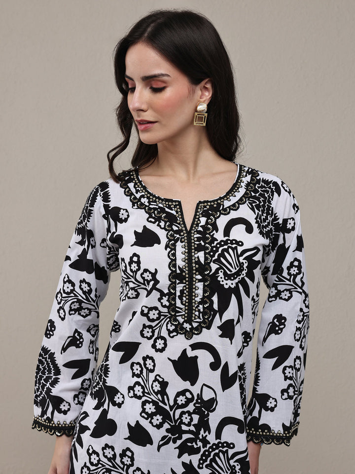 Black Floral Printed Cotton Straight Kurta Set