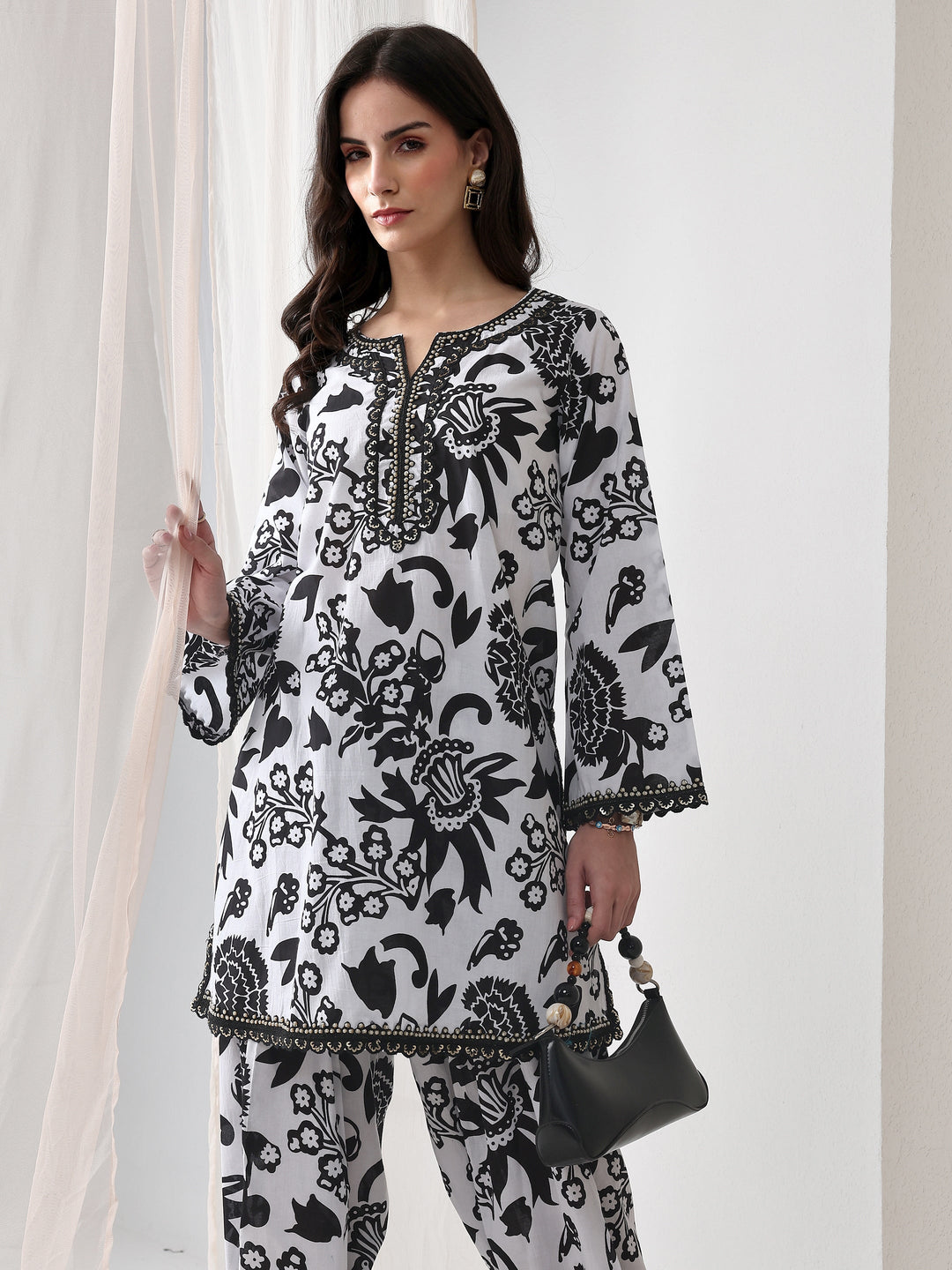 Black Floral Printed Cotton Straight Kurta Set