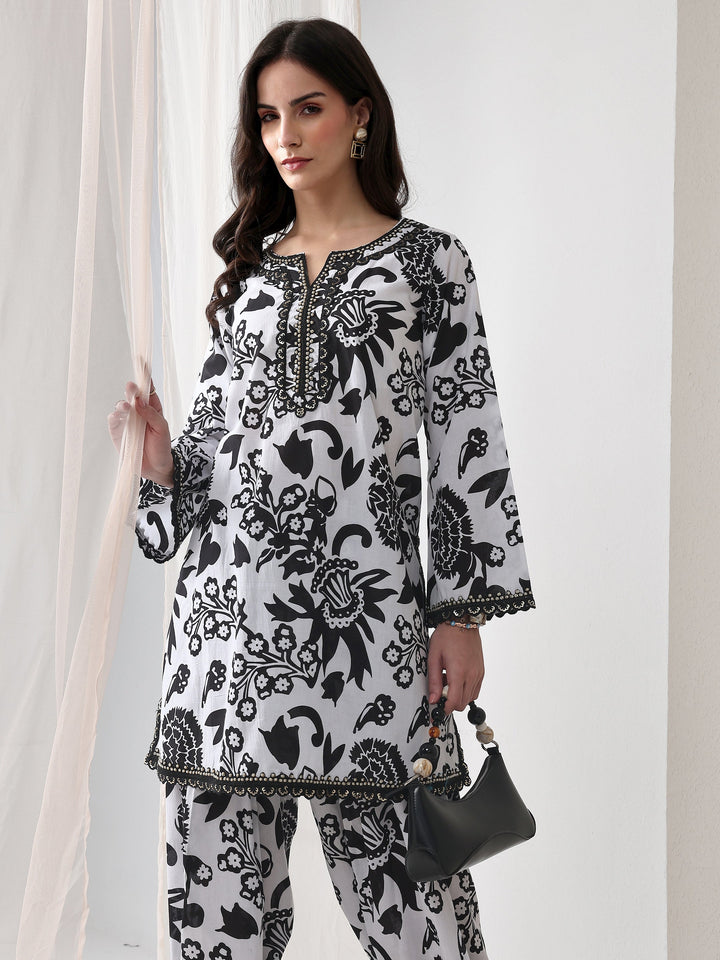 Black Floral Printed Cotton Straight Kurta Set