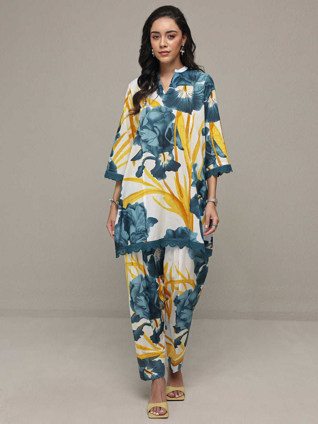 White Floral Printed Cotton Straight Kurta Set