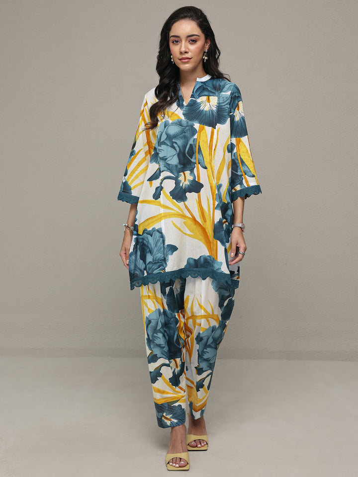 White Floral Printed Cotton Straight Kurta Set
