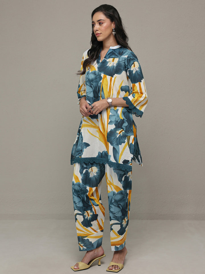 White Floral Printed Cotton Straight Kurta Set