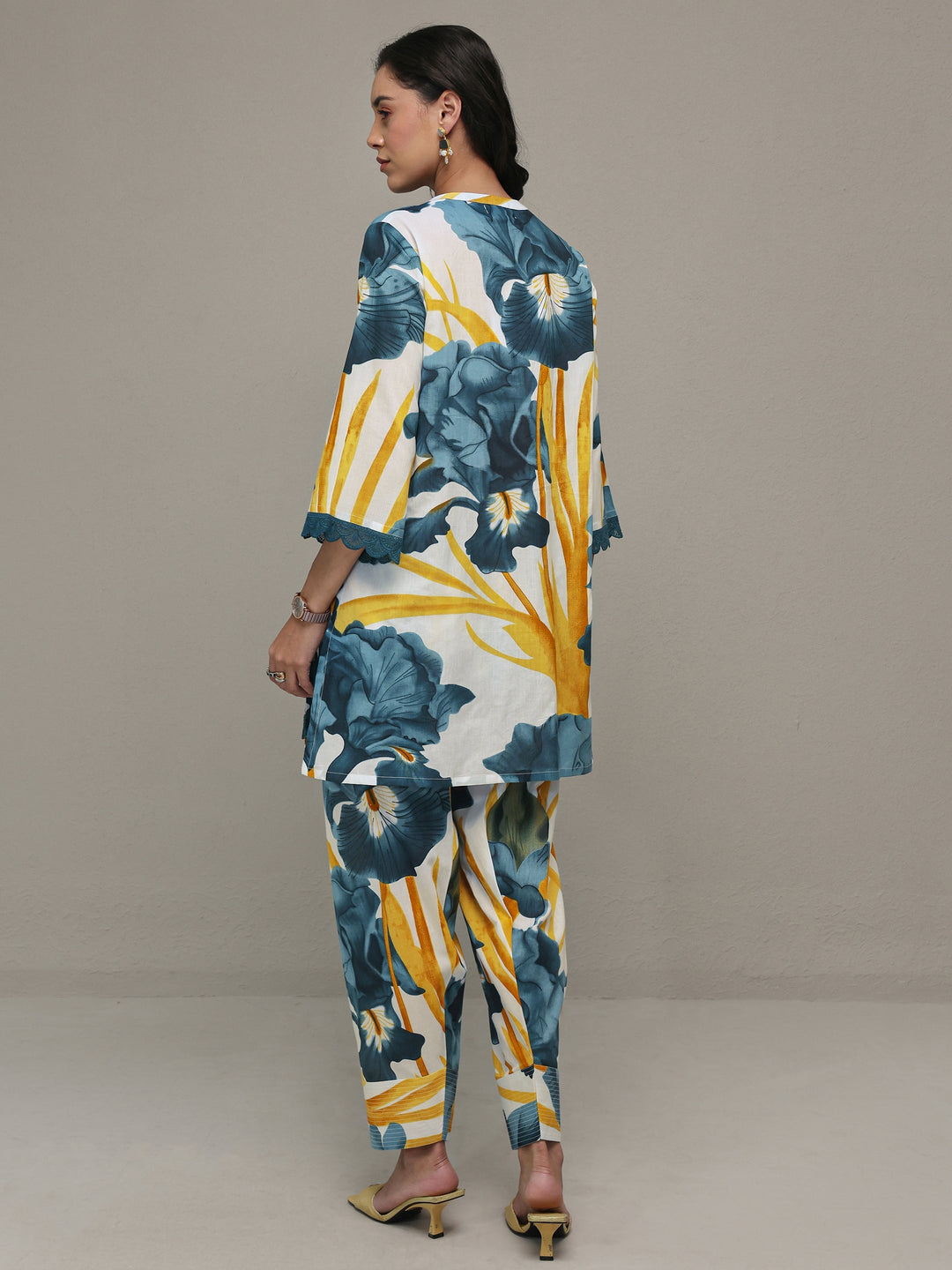 White Floral Printed Cotton Straight Kurta Set