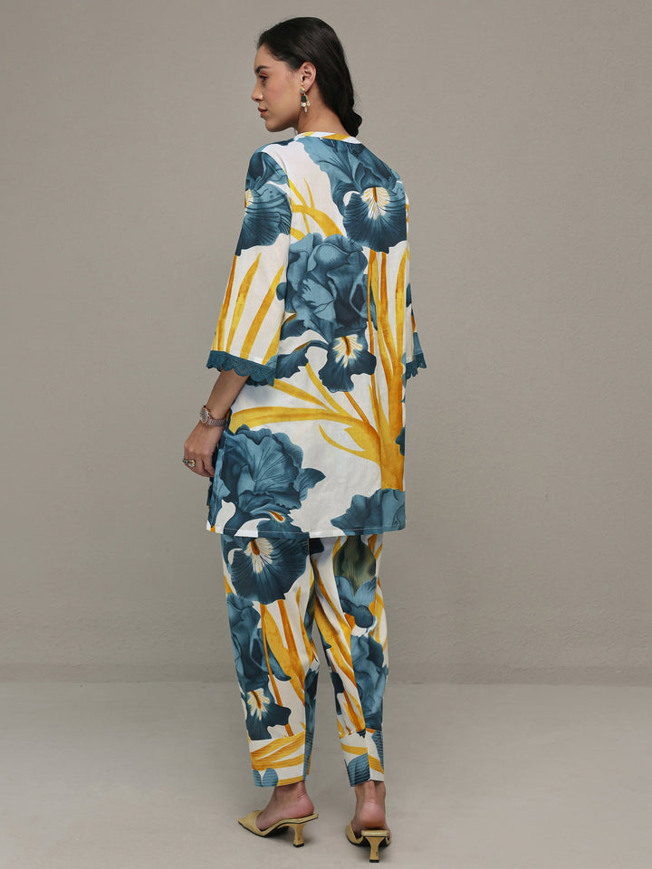 White Floral Printed Cotton Straight Kurta Set