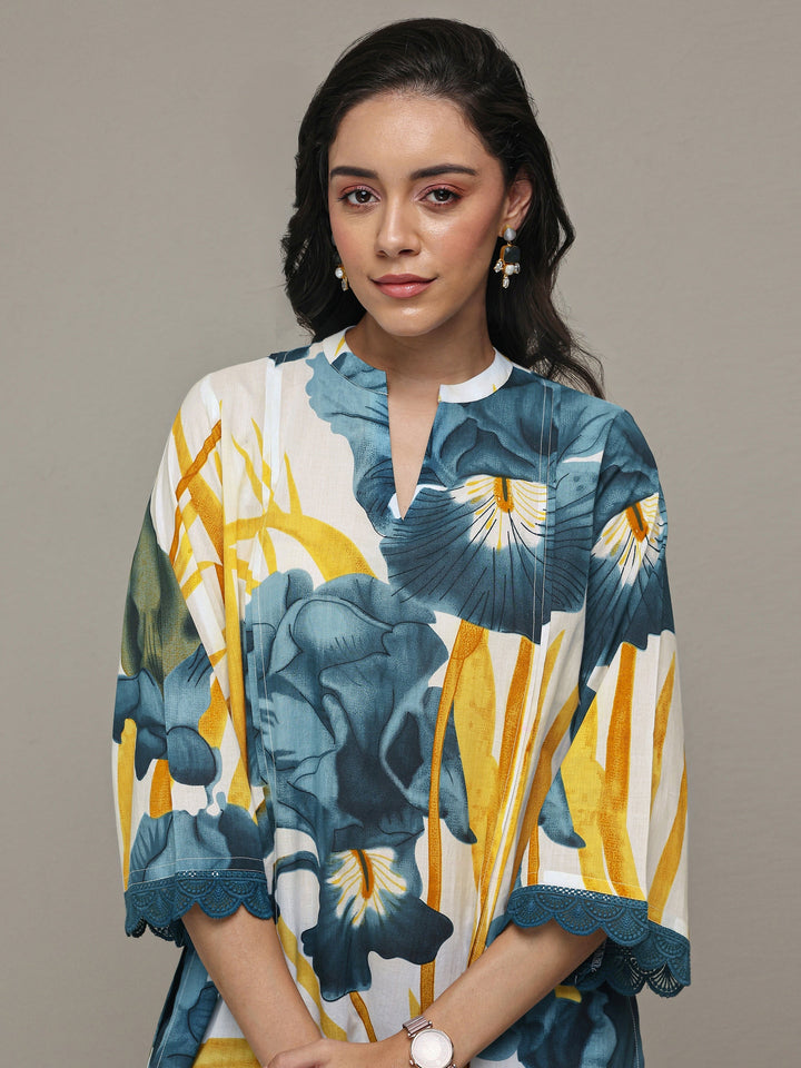 White Floral Printed Cotton Straight Kurta Set